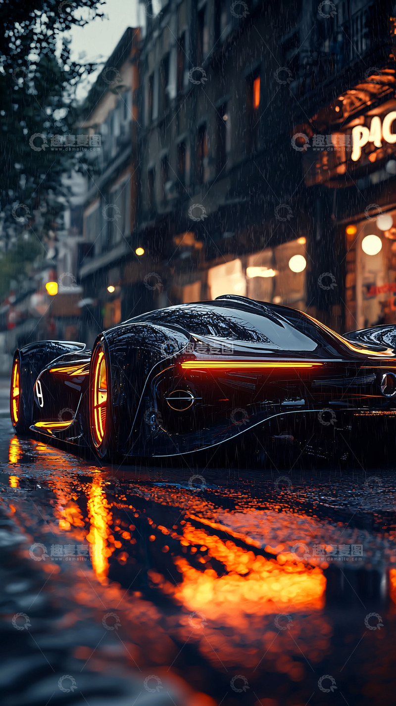 高清大图下载【趣麦麦图】雨夜街道上的黑色概念跑车