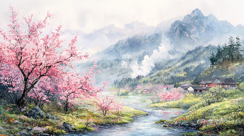 高清大图下载【趣麦麦图】水墨桃花山水风景画