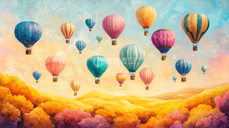 高清大图下载【趣麦麦图】彩色热气球风景画