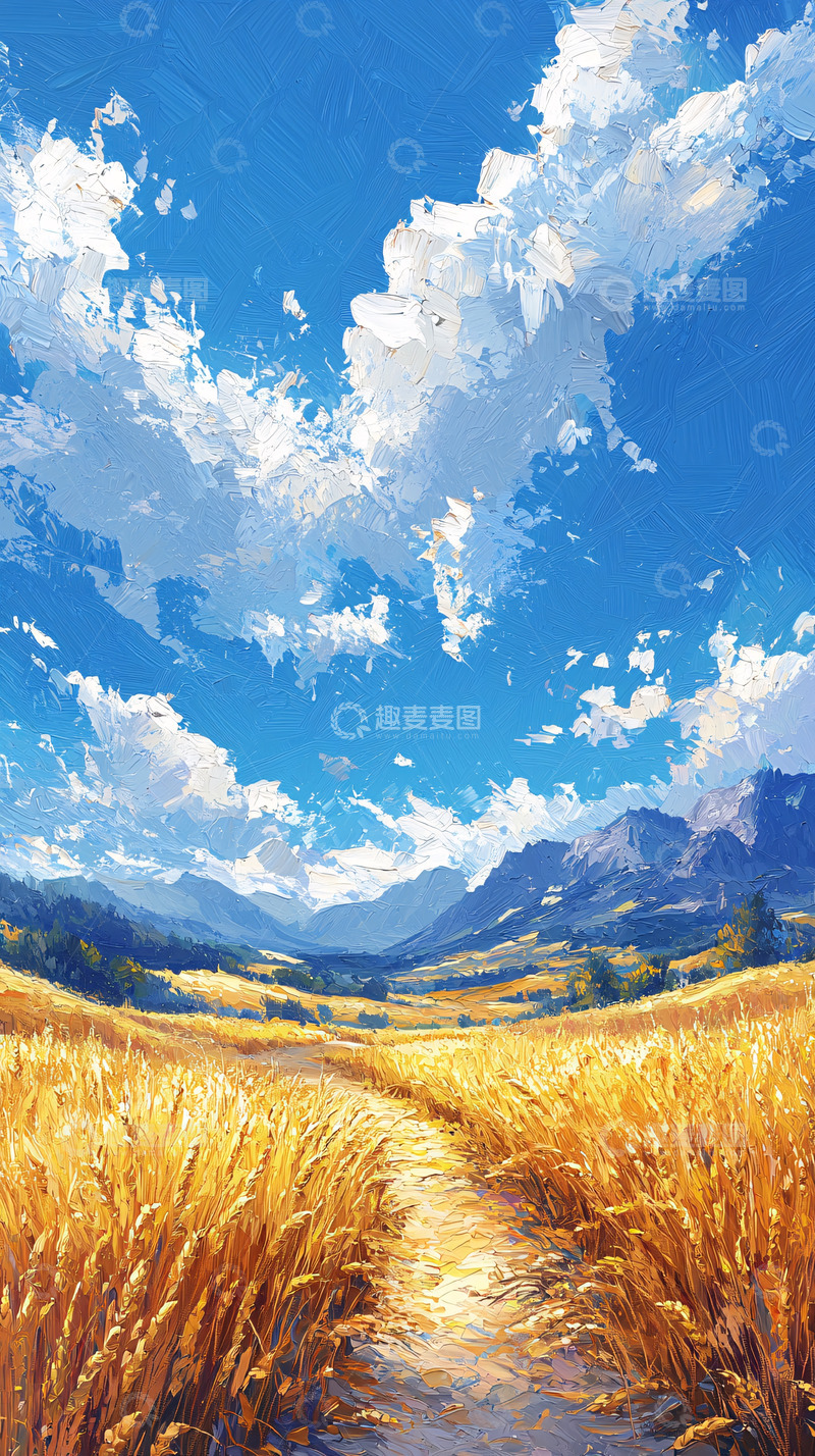 高清大图下载【趣麦麦图】麦田小路蓝天白云