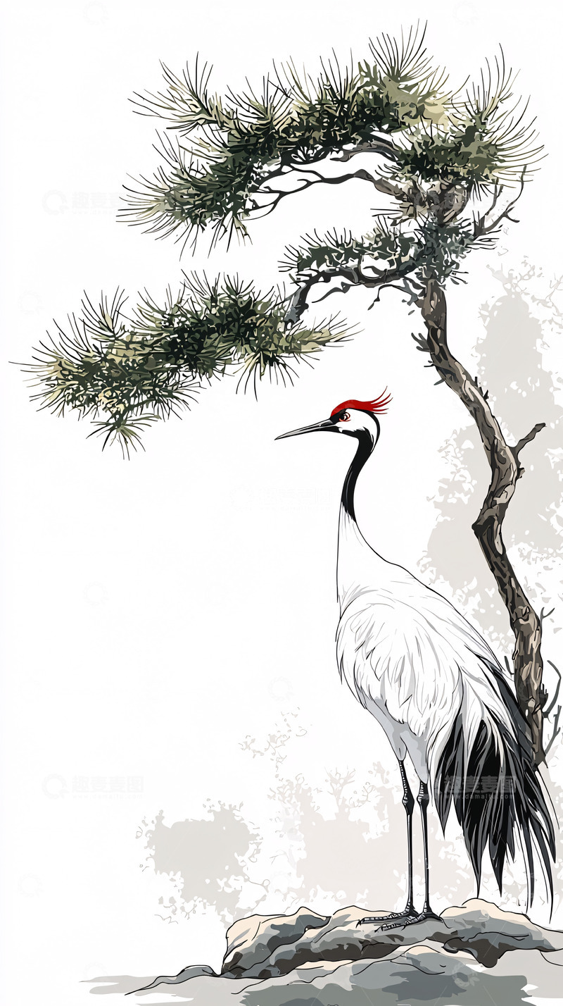 高清大图下载【趣麦麦图】水墨丹顶鹤松树图