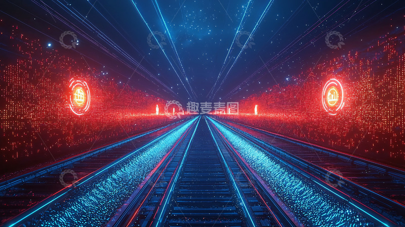 高清大图下载【趣麦麦图】科幻感蓝色红色轨道隧道