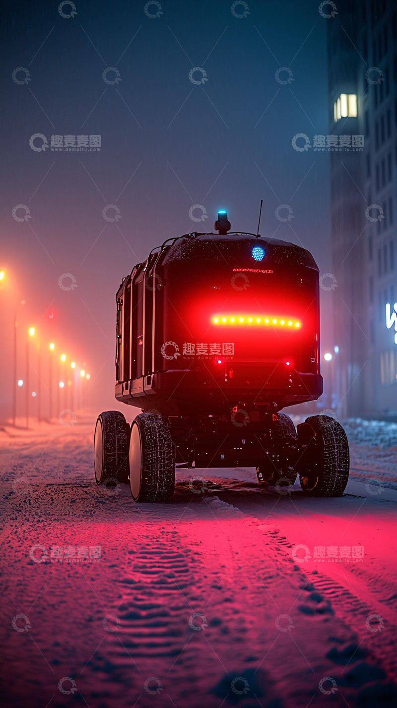 高清大图下载【趣麦麦图】雪夜城市自动驾驶机器人