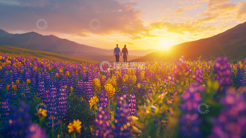 高清大图下载【趣麦麦图】落日余晖下情侣漫步花田