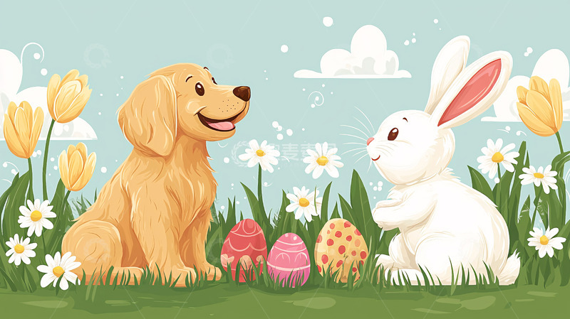 高清大图下载【趣麦麦图】狗狗和兔子复活节彩蛋