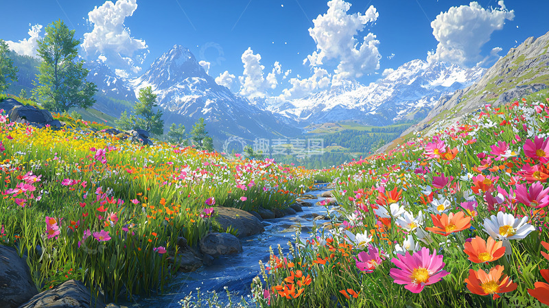 高清大图下载【趣麦麦图】山间溪流野花盛开