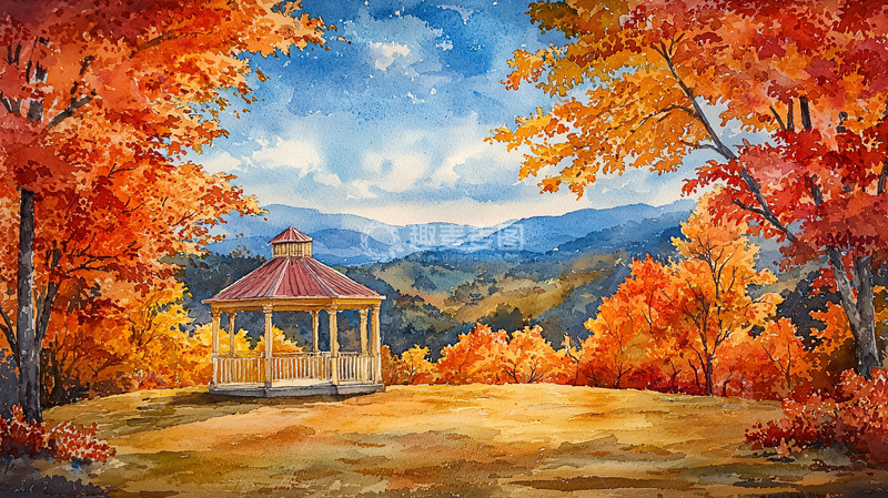 高清大图下载【趣麦麦图】秋日凉亭山景如画