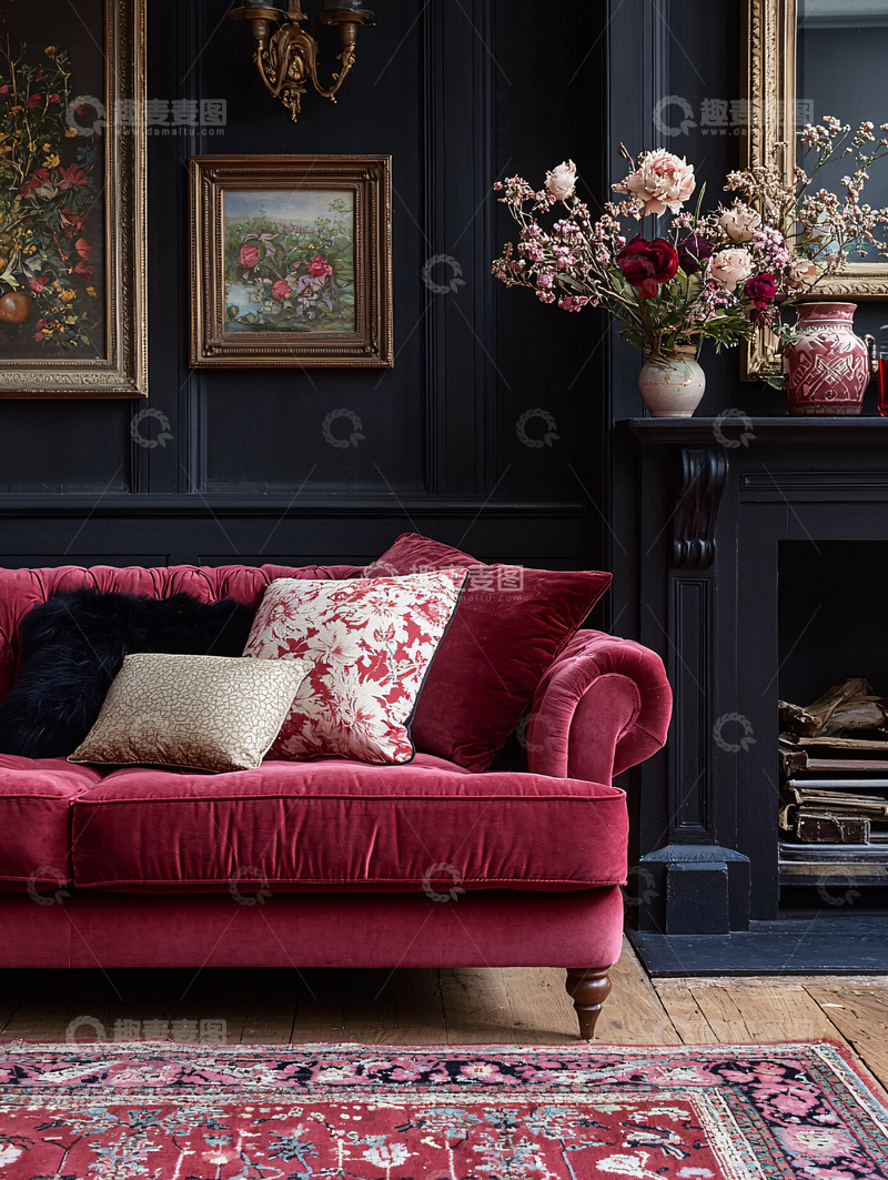 高清大图下载【趣麦麦图】复古客厅红色沙发