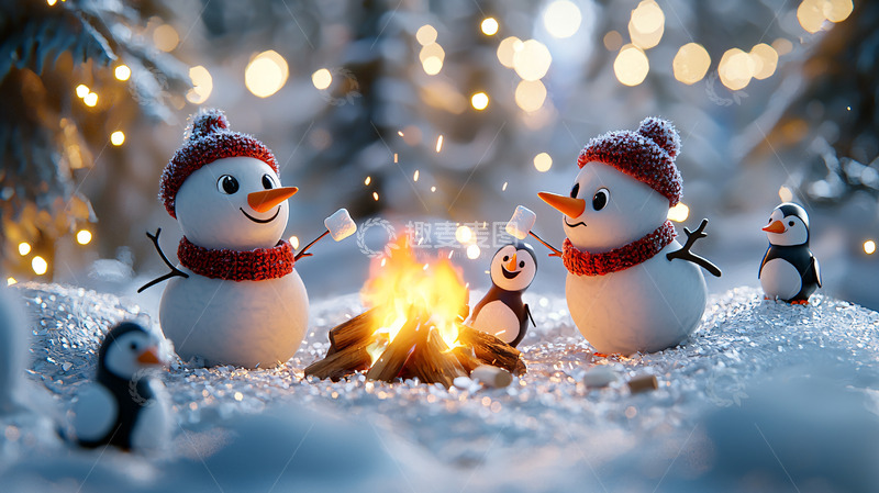 高清大图下载【趣麦麦图】雪地篝火堆旁的雪人和企鹅