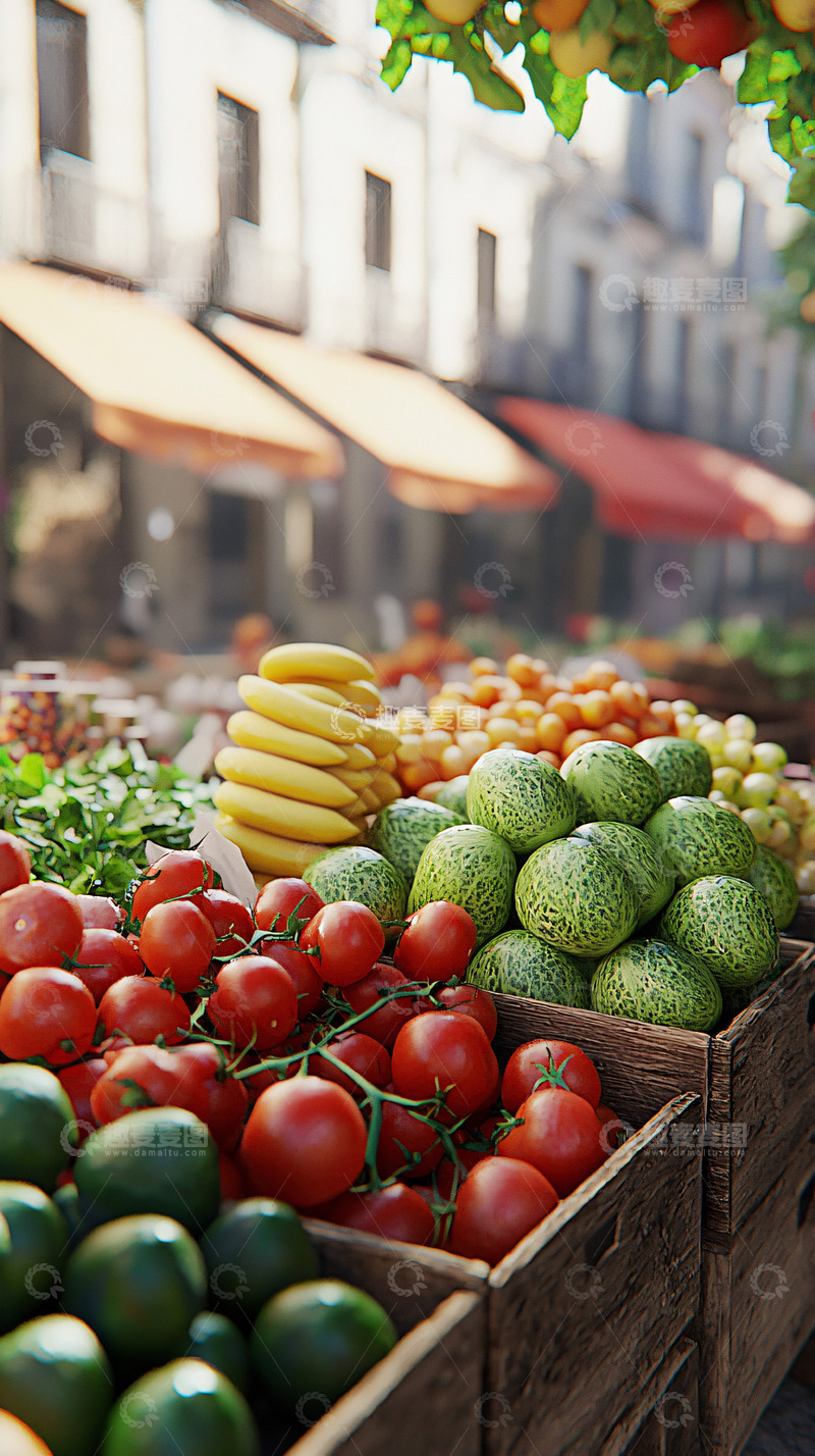 高清大图下载【趣麦麦图】阳光下的水果蔬菜市场