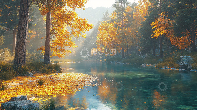 高清大图下载【趣麦麦图】秋日森林河流景色