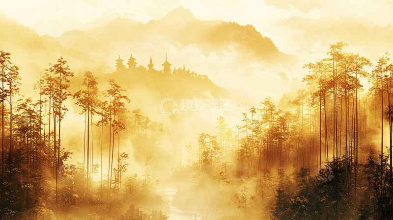 高清大图下载【趣麦麦图】金色森林山脉朦胧