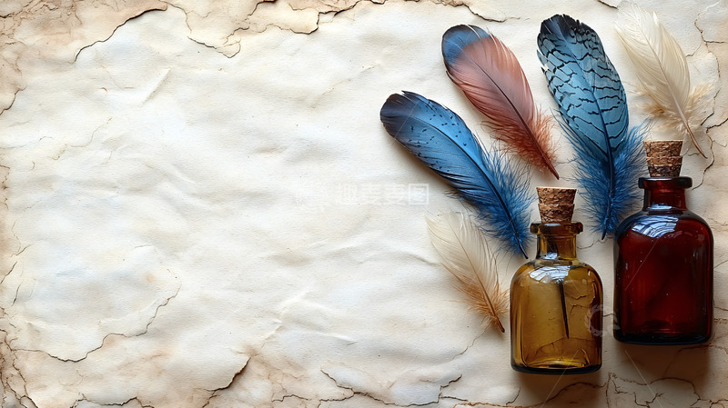高清大图下载【趣麦麦图】复古羽毛瓶子老纸