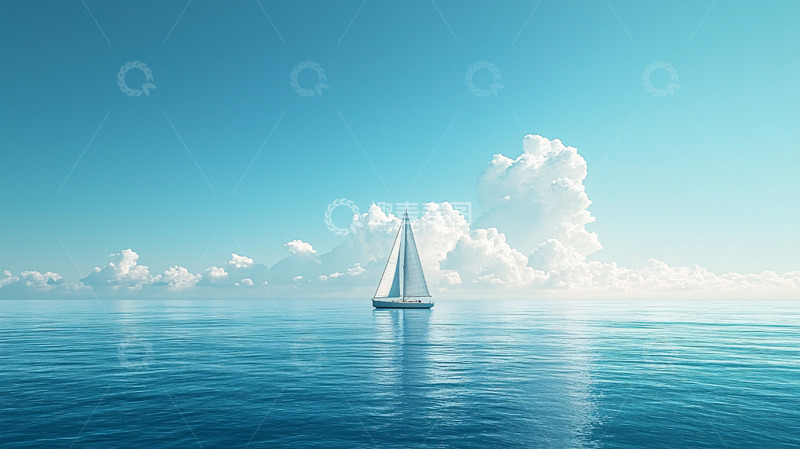 高清大图下载【趣麦麦图】蓝色平静海面上的帆船