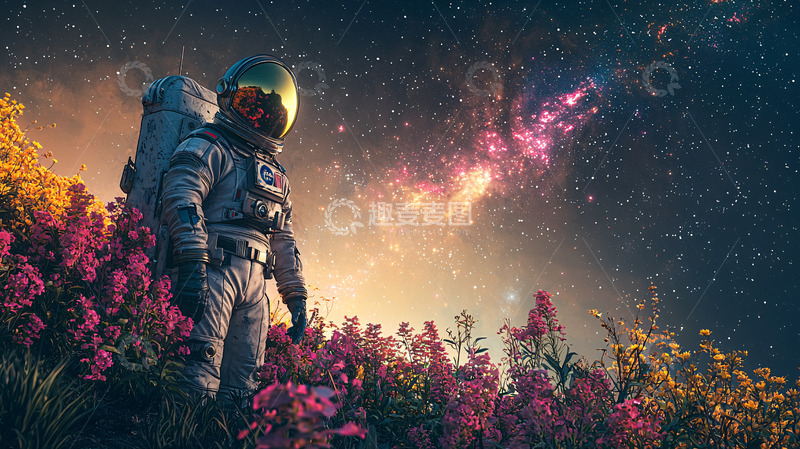 高清大图下载【趣麦麦图】宇航员在花田仰望星空
