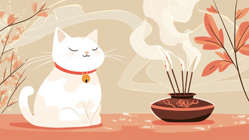 祥和的猫咪和香炉插画