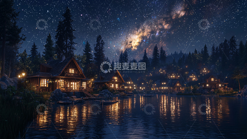 高清大图下载【趣麦麦图】星空下的木屋村庄
