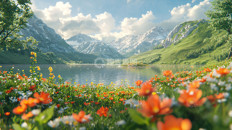 高清大图下载【趣麦麦图】阿尔卑斯山脉湖泊鲜花