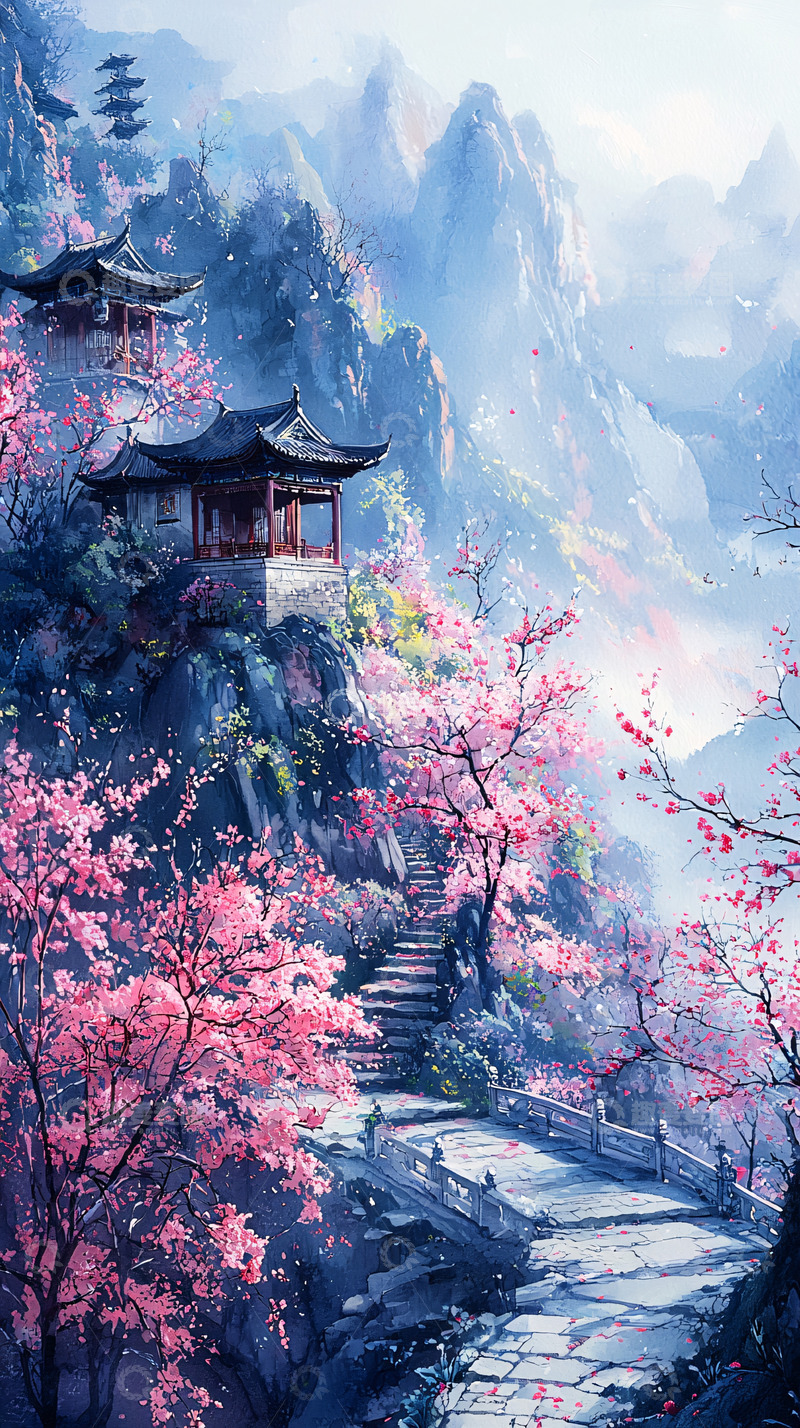 高清大图下载【趣麦麦图】樱花盛开的山间亭台楼阁