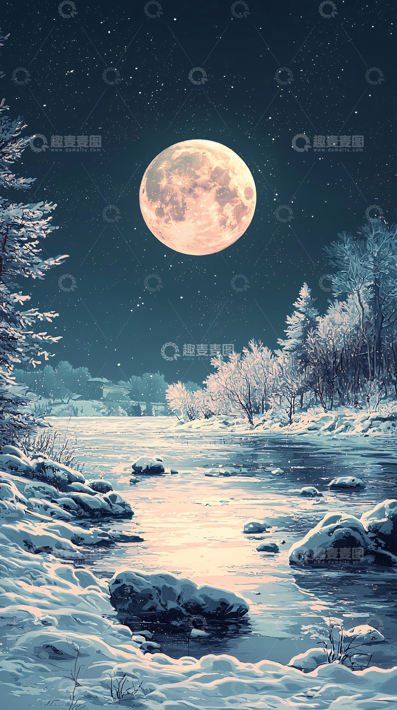 高清大图下载【趣麦麦图】冬夜月色下的冰河美景