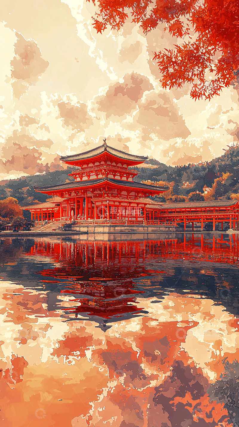 高清大图下载【趣麦麦图】红枫叶倒映的日式寺庙