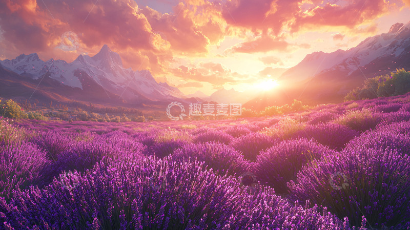 高清大图下载【趣麦麦图】日出雪山薰衣草田