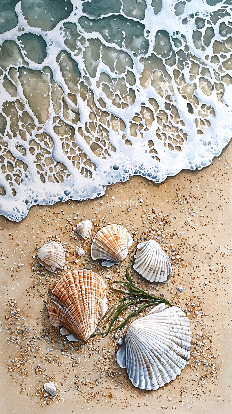 高清大图下载【趣麦麦图】海滩上的贝壳和海浪