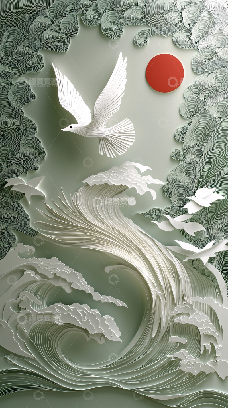 高清大图下载【趣麦麦图】和平鸽与海浪的立体艺术