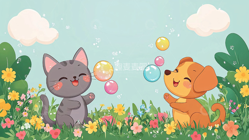 高清大图下载【趣麦麦图】卡通猫咪狗狗玩泡泡