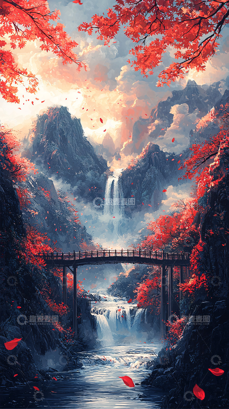 高清大图下载【趣麦麦图】红叶秋景瀑布桥