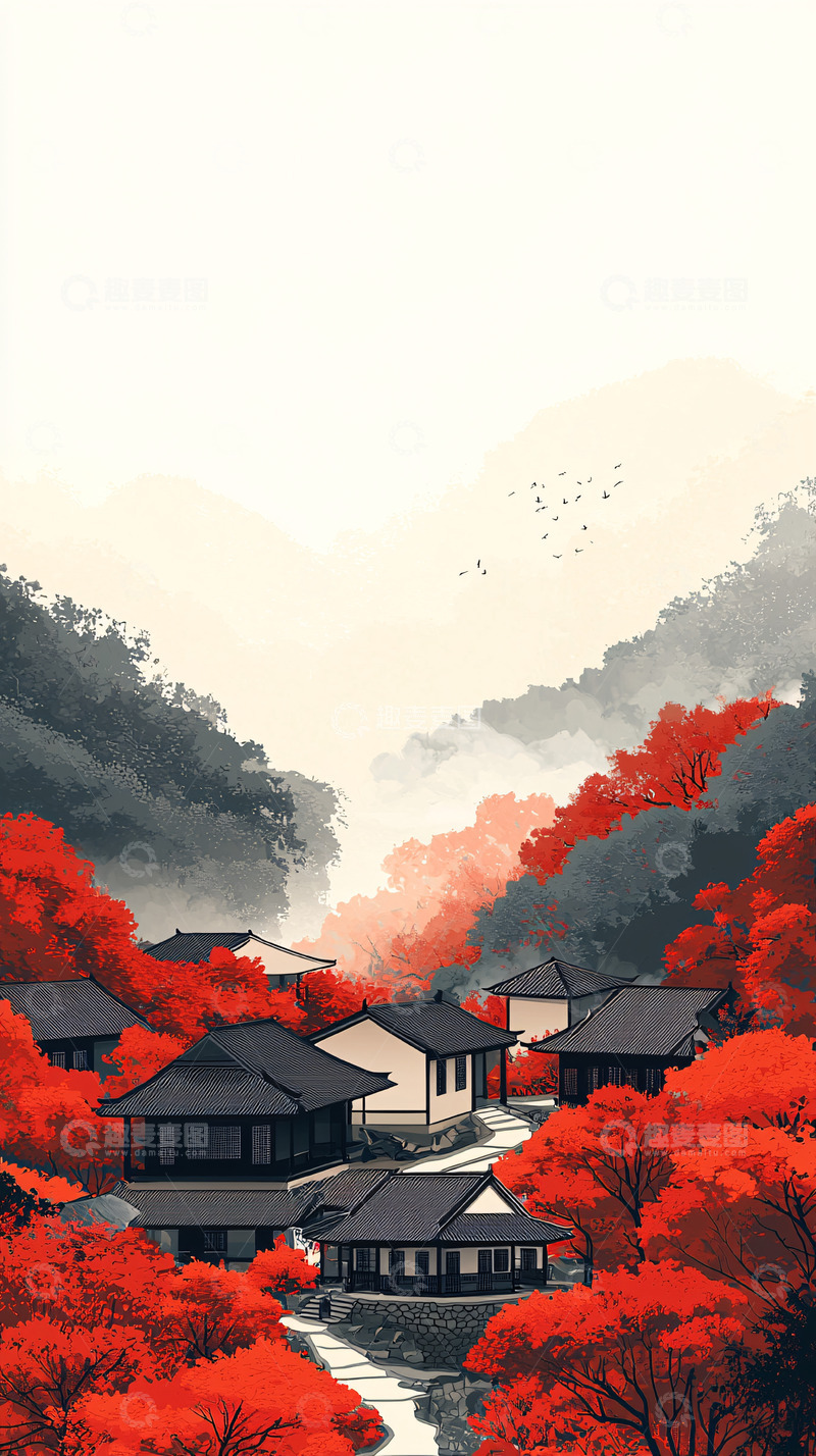 高清大图下载【趣麦麦图】红叶山间日式村庄