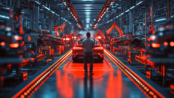 汽车工厂工人注视流水线