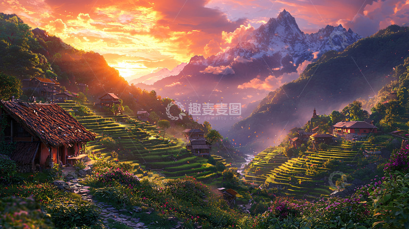高清大图下载【趣麦麦图】日出雪山山村景色