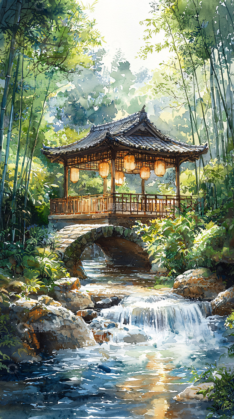 高清大图下载【趣麦麦图】水墨风竹林亭台流水