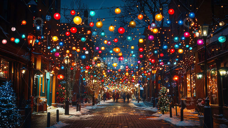高清大图下载【趣麦麦图】夜晚街道圣诞灯饰