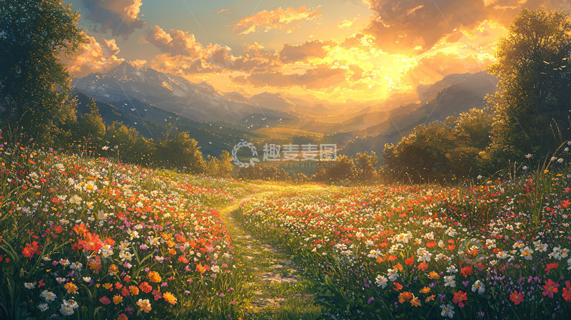 高清大图下载【趣麦麦图】落日余晖下的花海小径