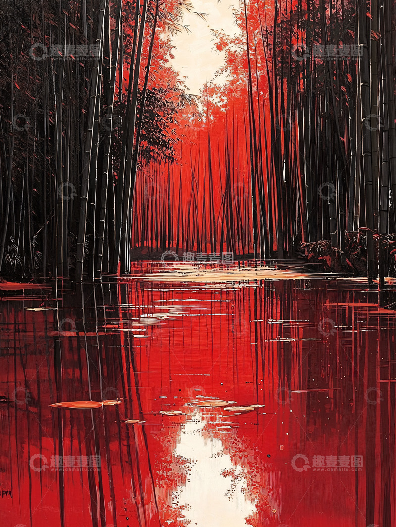 高清大图下载【趣麦麦图】红枫竹林倒影