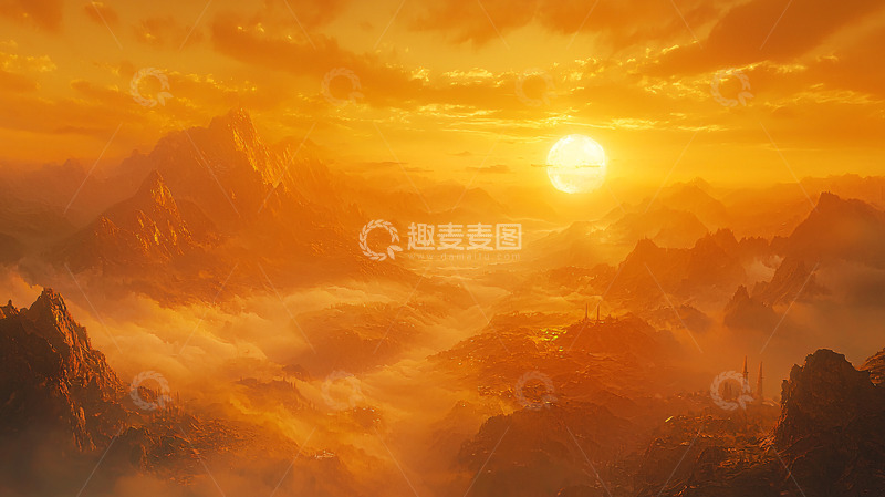 高清大图下载【趣麦麦图】橙色夕阳下的山峦