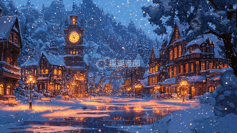 高清大图下载【趣麦麦图】冬日小镇雪景