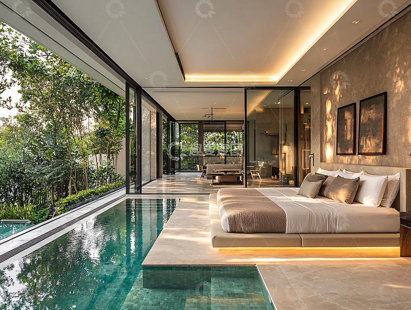 高清大图下载【趣麦麦图】现代极简泳池卧室