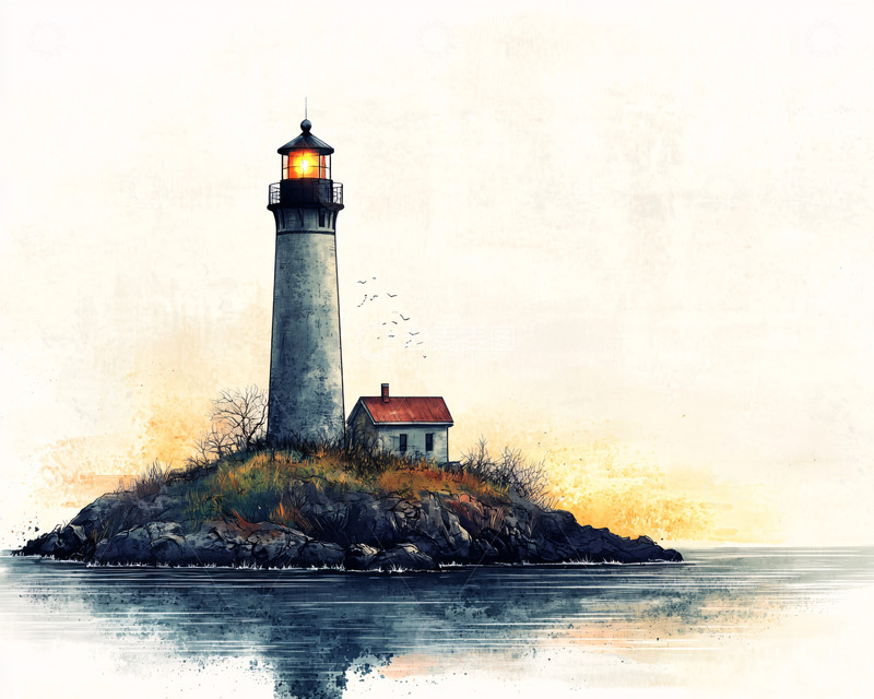 高清大图下载【趣麦麦图】灯塔孤岛水彩画