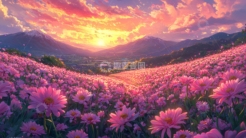 高清大图下载【趣麦麦图】粉色花田日落山景