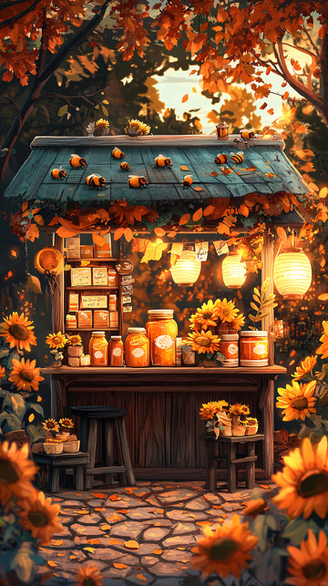 秋日阳光下的蜂蜜小店