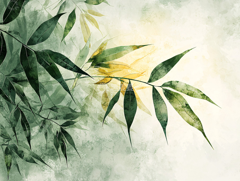 高清大图下载【趣麦麦图】绿色竹叶水彩晕染背景