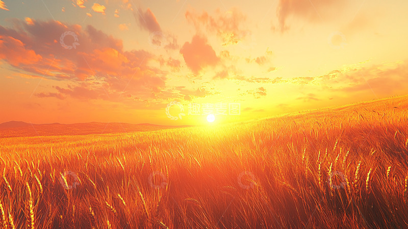 高清大图下载【趣麦麦图】夕阳西下麦田景色