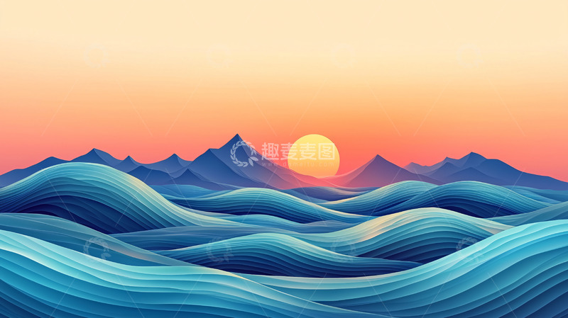 高清大图下载【趣麦麦图】日落海浪山脉剪影