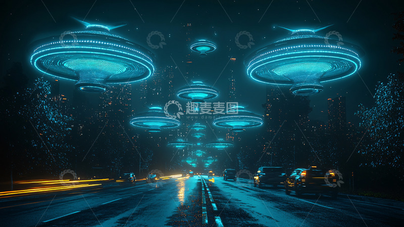 高清大图下载【趣麦麦图】夜空飞碟城市上空