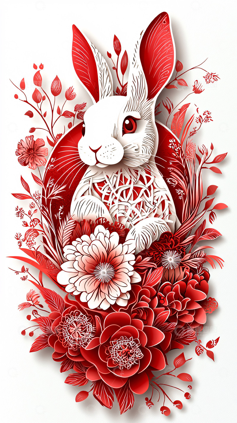 高清大图下载【趣麦麦图】红白花卉兔子
