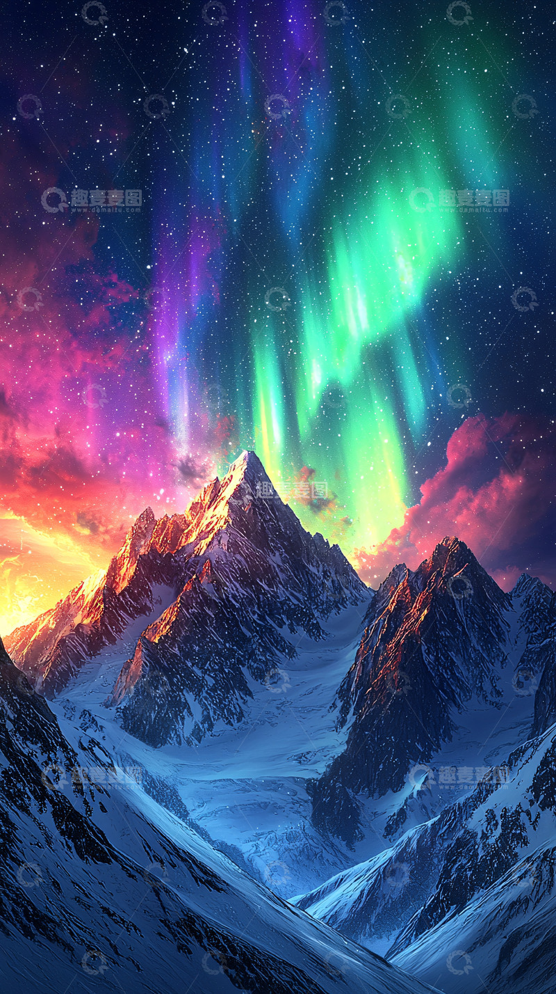 高清大图下载【趣麦麦图】极光下的雪山
