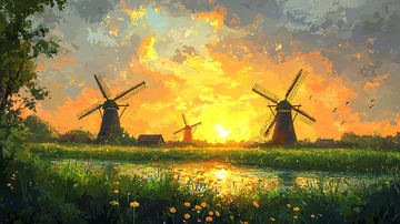 夕阳下三座风车田园风光